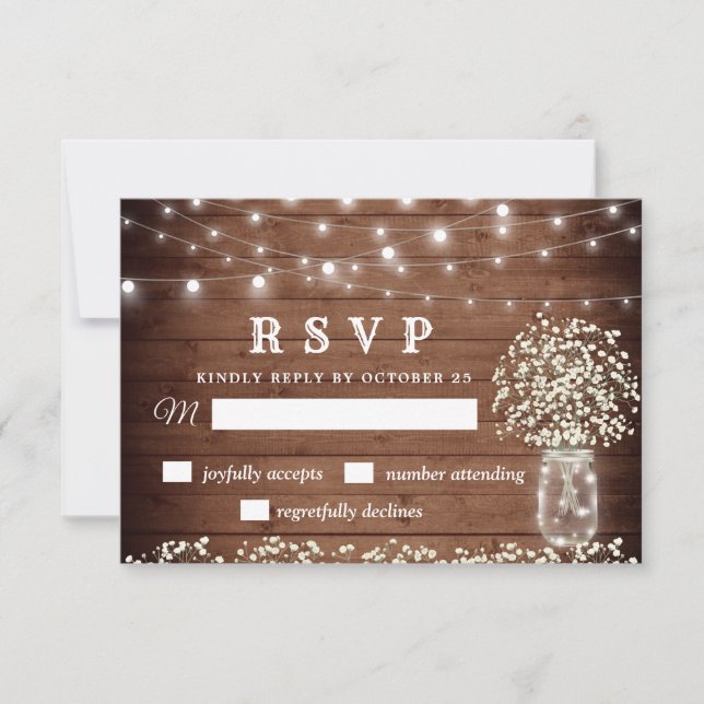 Gipskraut Mason Jar Rustic RSVP Card Karte (Vorderseite)