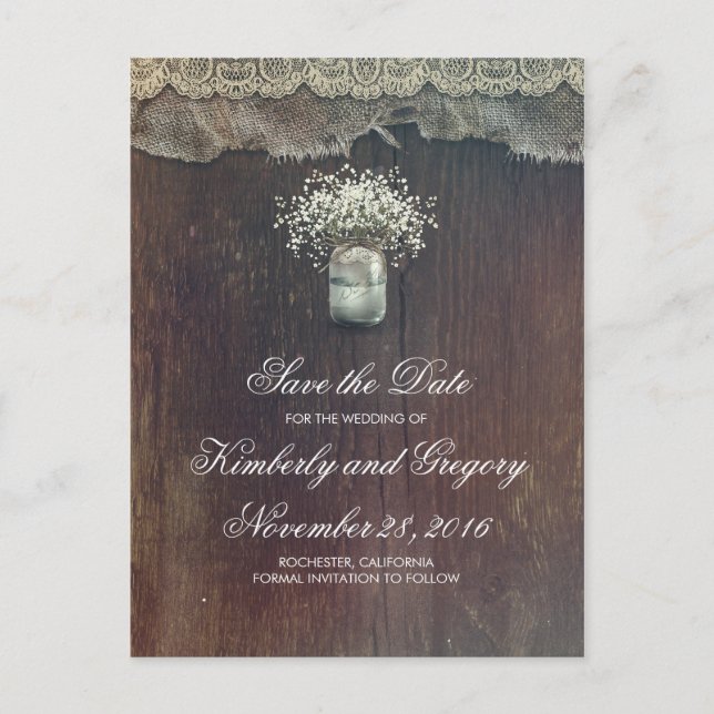 Gipskraut Mason Jar Rustic Save the Date Ankündigungspostkarte (Vorderseite)