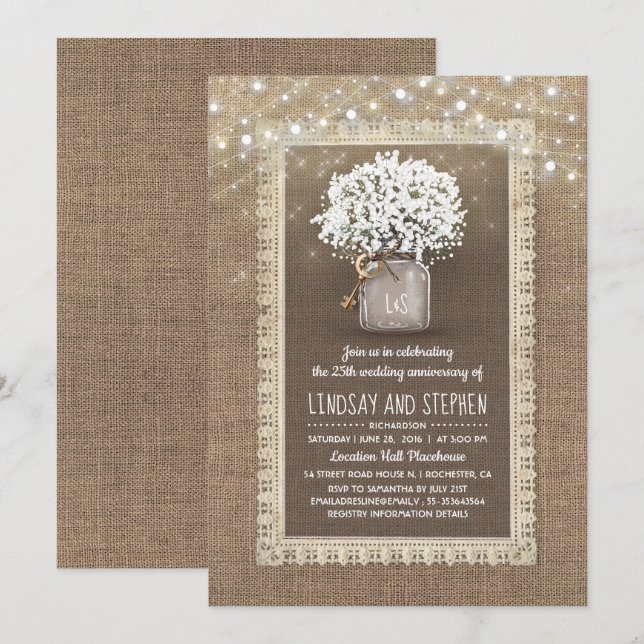 Gipskraut Mason Jar Rustic Wedding Jubiläum Einladung (Vorne/Hinten)