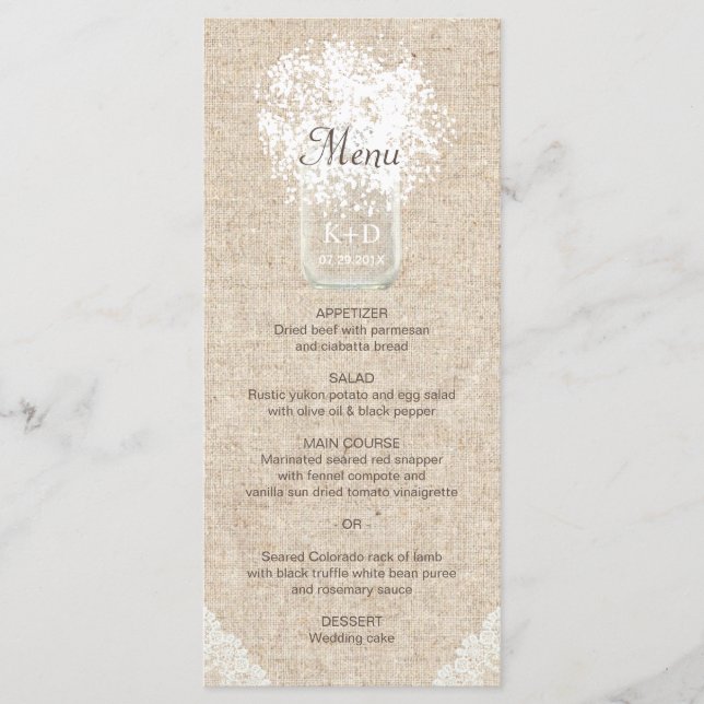 Gipskraut Mason Jar Rustic Wedding Menu Menükarte (Vorderseite)