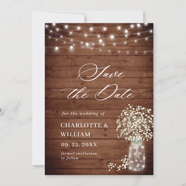 Gipskraut Mason Jar Rustic Wedding QR Code Save The Date (Vorderseite)