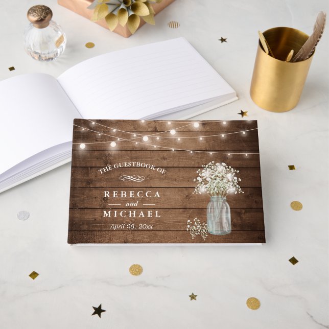 Gipskraut Mason Jar Rustic Wood Lights Hochzeit Gästebuch (Vorderseite Offen)