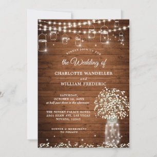 Gipskraut Mason Jar Rustic Wood Wedding Einladung