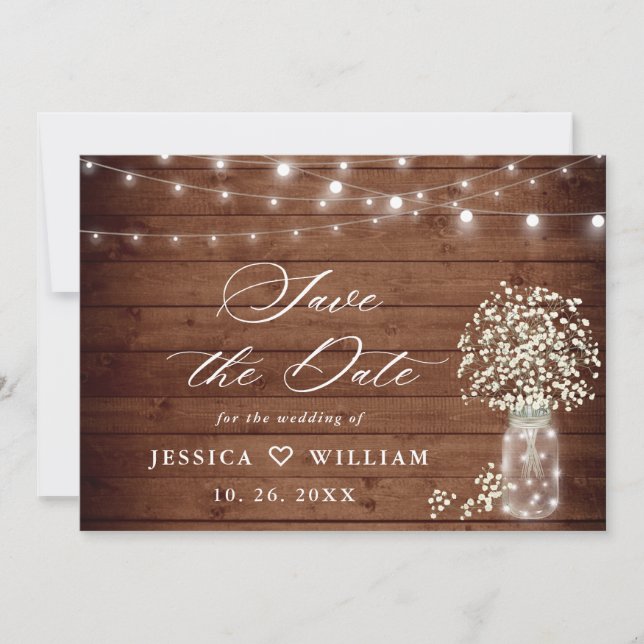 Gipskraut Mason Jar Rustic Wood Wedding Save The Date (Vorderseite)