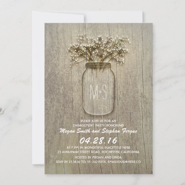 Gipskraut Mason Jar Rustikale Engagement Partei Einladung (Vorderseite)