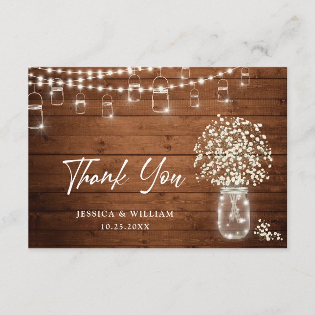 Gipskraut Mason Jar Rustikale Wasserfarbe Dankeskarte (Vorderseite)