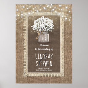 Gipskraut Mason Jar und Burlap Wedding Willkommen Poster