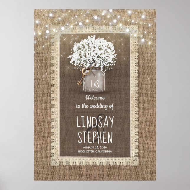 Gipskraut Mason Jar und Burlap Wedding Willkommen Poster (Vorne)