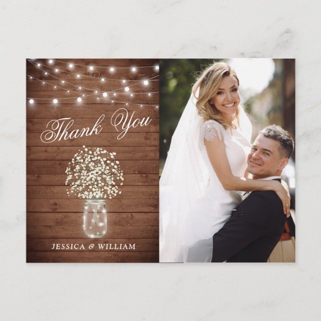 Gipskraut Mason Jar Wedding Foto Vielen Dank Postkarte (Vorderseite)