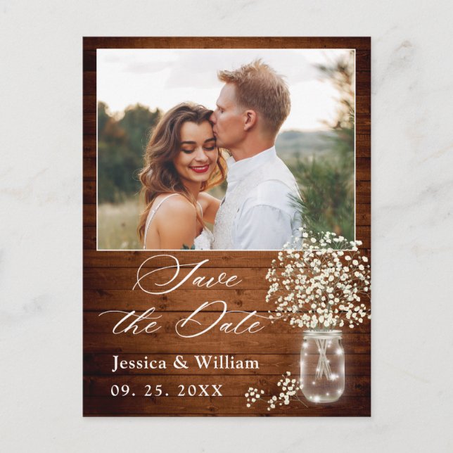Gipskraut Mason Jar Wedding Save the Date Postkarte (Vorderseite)