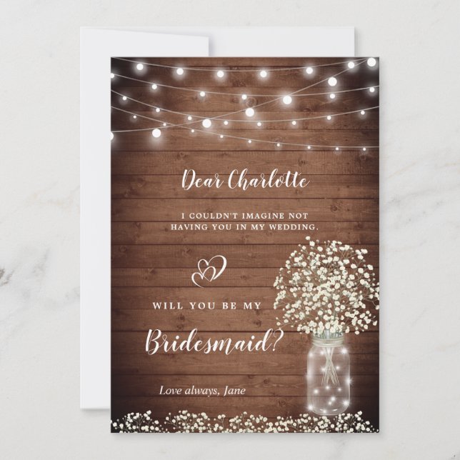 Gipskraut Mason Jar wirst du meine Bridesmaid sein Einladung (Vorderseite)