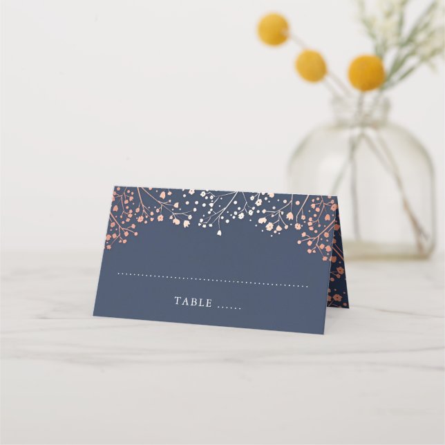 Gipskraut Navy Blue und Rose Gold Hochzeit Platzkarte (Vorderseite)