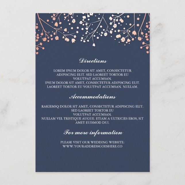 Gipskraut Rose Gold und Marinehochzeiten Details Begleitkarte (Vorderseite)