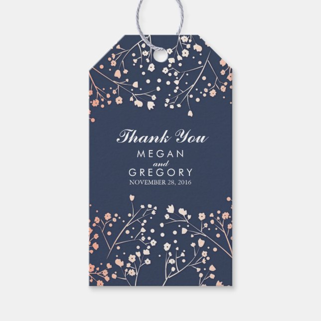 Gipskraut Rose Gold und Navy Hochzeit Geschenkanhänger (Vorderseite)