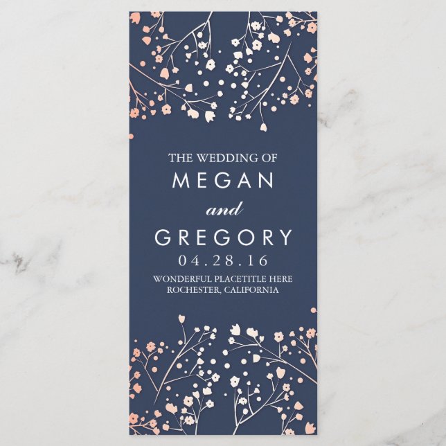 Gipskraut Rose Gold und Navy Hochzeitsprogramme Programm (Vorderseite)
