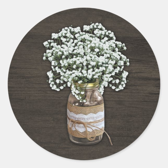 Gipskraut Rustic Mason Jar Wood Gastgeschenke Hoch Runder Aufkleber (Vorderseite)