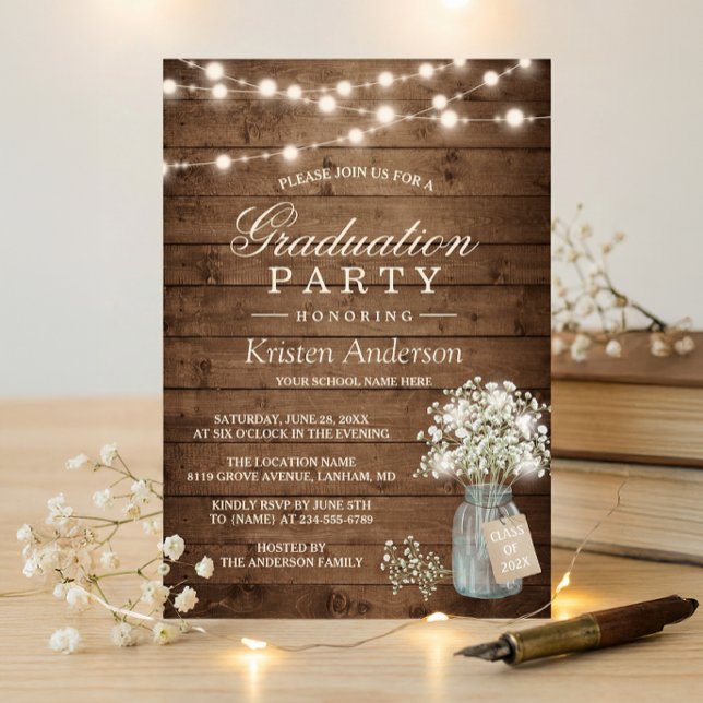 Gipskraut Rustic String Light Graduation Party Einladung (Von Creator hochgeladen)