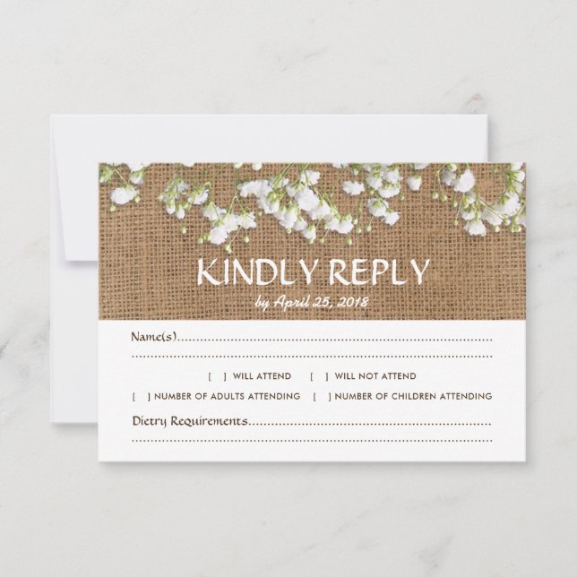 Gipskraut Rustic Wedding RSVP Menü Auswahl Karte (Vorderseite)