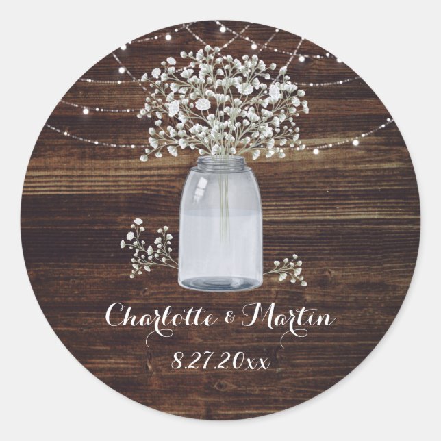 Gipskraut Rustic Wood Mason Jar Wedding Runder Aufkleber (Vorderseite)