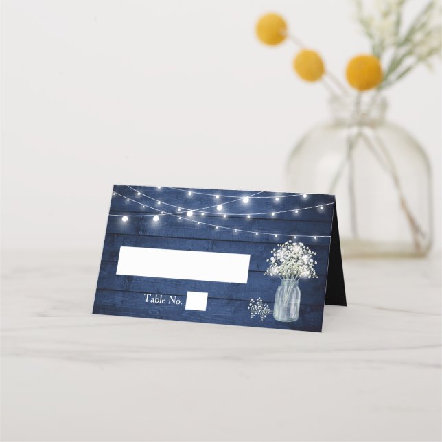 Gipskraut Rustic Wood Navy Blue Lights Hochzeit Platzkarte (Vorderseite)