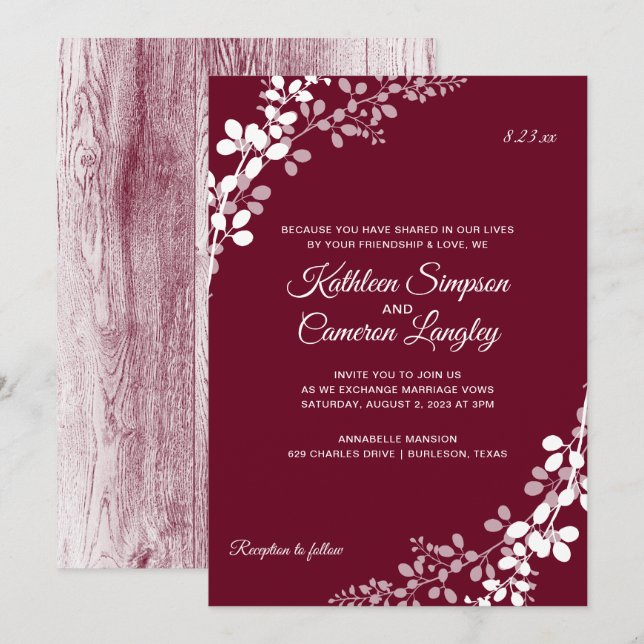 Gipskraut Rustic Wood Wedding | Marsala Einladung (Vorne/Hinten)