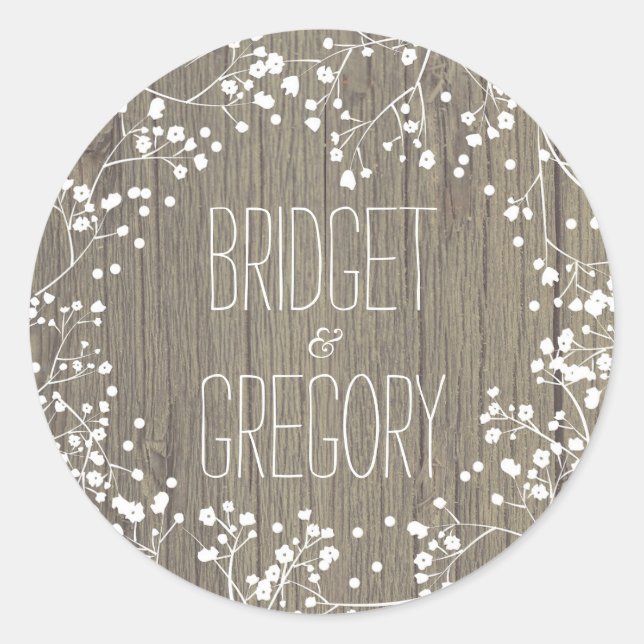 Gipskraut Rustic Wood Wedding Runder Aufkleber (Vorderseite)