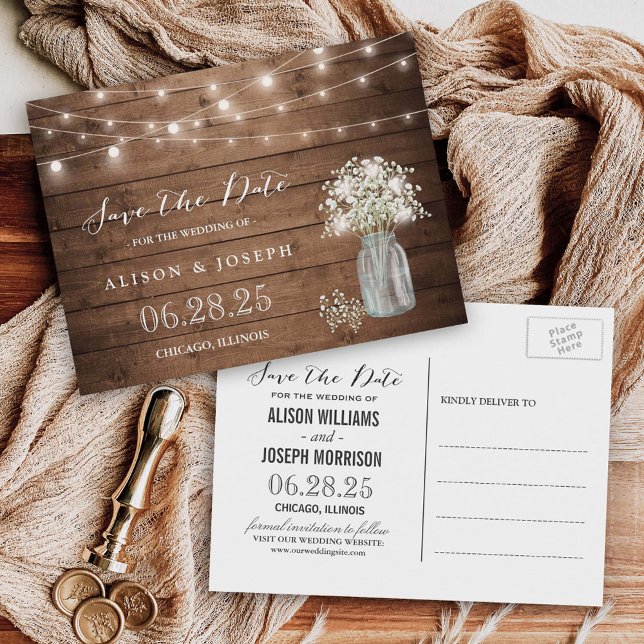 Gipskraut Rustikale String-Lichter Save the Date Postkarte (Von Creator hochgeladen)