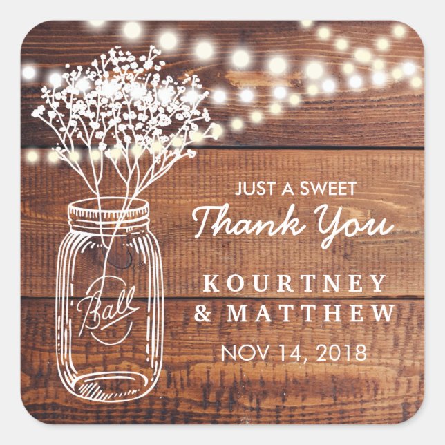 Gipskraut Rustikales Land | Mason Jar Wedding Quadratischer Aufkleber (Vorderseite)
