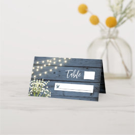 Gipskraut & String Lights Blue Wood Wedding Platzkarte
