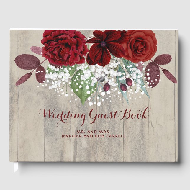 Gipskraut und Burgund Blume Rustikale Hochzeit Gästebuch (Vorderseite)