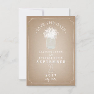 Gipskraut- und Mason-JAR-Kartenbestand Inspiriert Save The Date