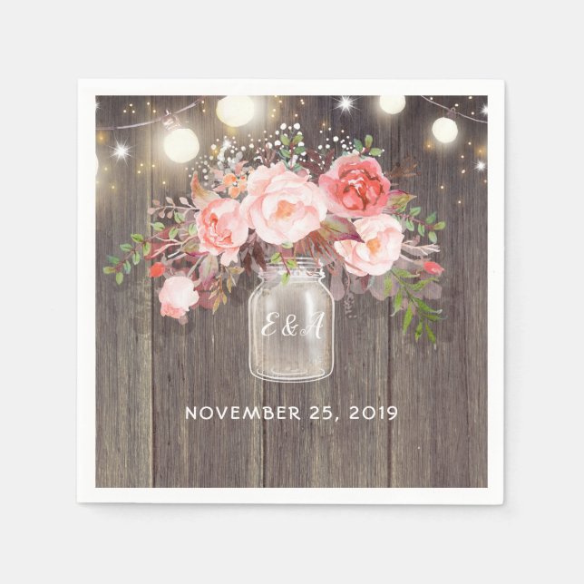 Gipskraut und Rosa Blumenmason Jar Rustikal Serviette (Vorderseite)