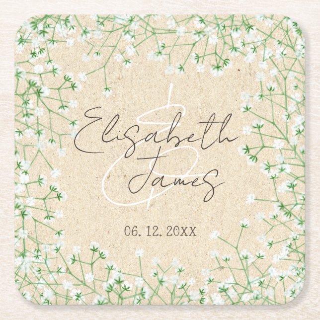 Gipskraut White Blume Rustic Boho Wedding Rechteckiger Pappuntersetzer (Vorderseite)
