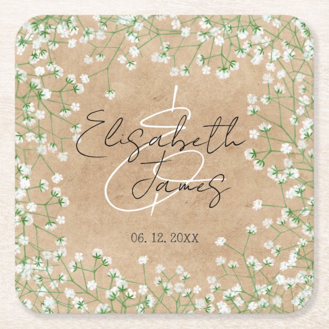 Gipskraut White Blume Rustic Boho Wedding Rechteckiger Pappuntersetzer (Vorderseite)