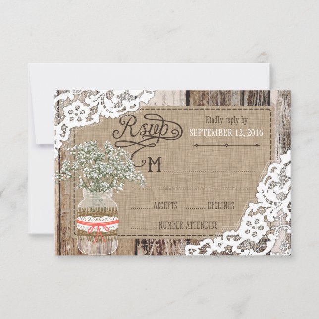 Gipskraut Wood Lace Rustic RSVP Card (Vorderseite)