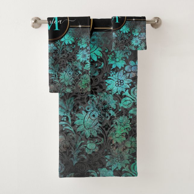 Gira Aqua Blue Grunge Damask Gold Frame Monogram Badhandtuch Set (Insitu)