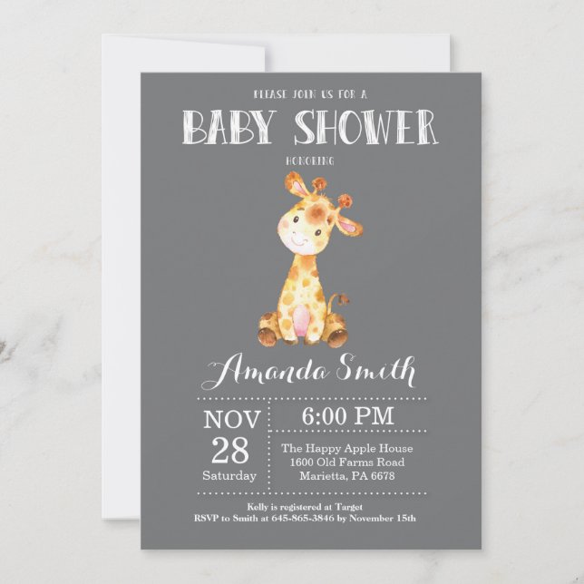 Girafe Baby shower Invitation Grey (Devant)