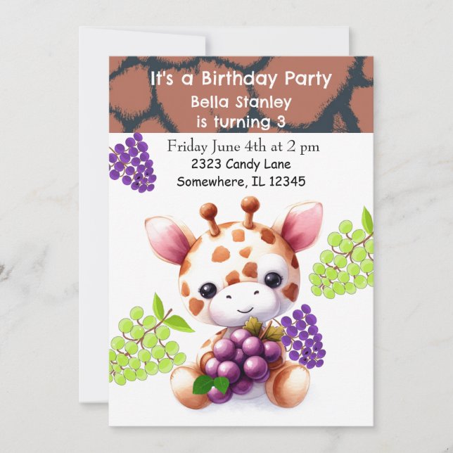 Girafe Bébé avec raisins Invitation Anniversaire (Devant)