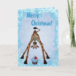 Girafe drôle et carte de Noël bleue de petit
