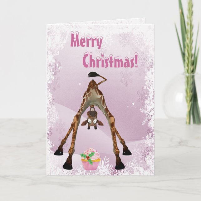 Girafe drôle et carte de Noël rose de petit gâteau (Devant)