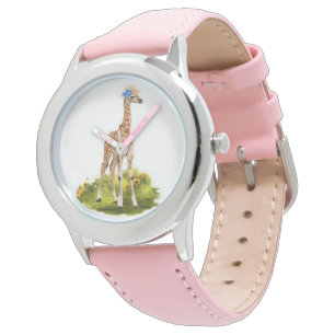 Girafe Enfants en Chapeau Fleur Bleu Montre Rose