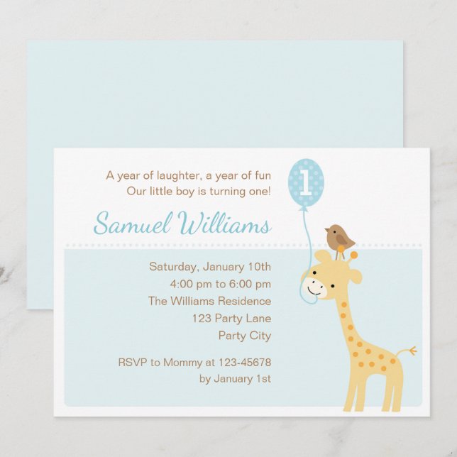 Giraffe 1er Anniversaire Invitations (Boys Balloon (Devant / Derrière)
