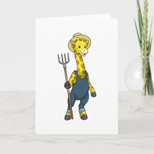 Giraffe als Bauer mit Heugabel Karte (Vorderseite)