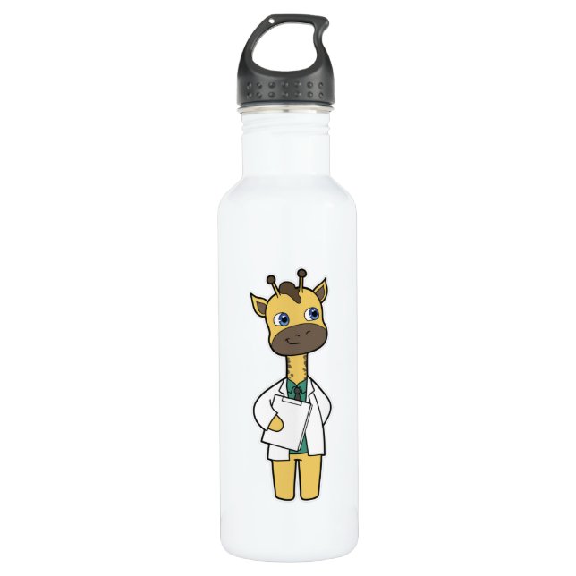 Giraffe als Doktor mit Notepad Edelstahlflasche (Vorderseite)