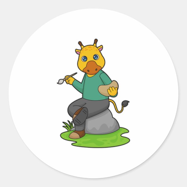 Giraffe als Maler mit Pinsel Runder Aufkleber (Vorderseite)