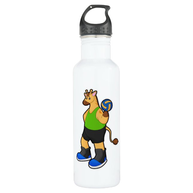 Giraffe als Volleyballspieler mit Volleyball Edelstahlflasche (Vorderseite)