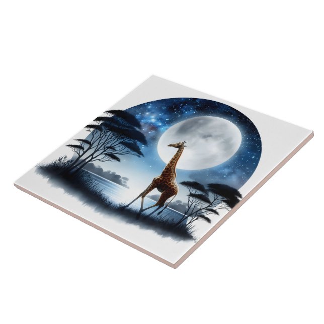 Giraffe am ruhigen See Unter dem Vollmond Fliese (Seite)