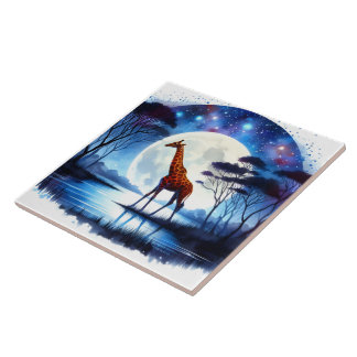 Giraffe am See Unter dem Vollmond in der Nacht Fliese