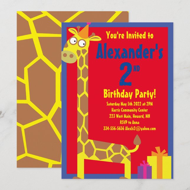Giraffe Animal Kid's Birthday Party Einladungen (Vorne/Hinten)