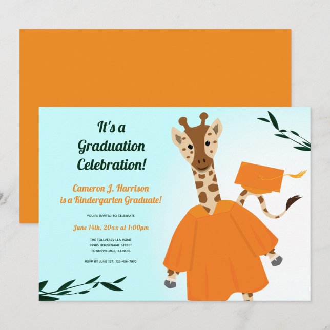 Giraffe Animal Orange Green Blue Kid Abschluss Einladung (Vorne/Hinten)